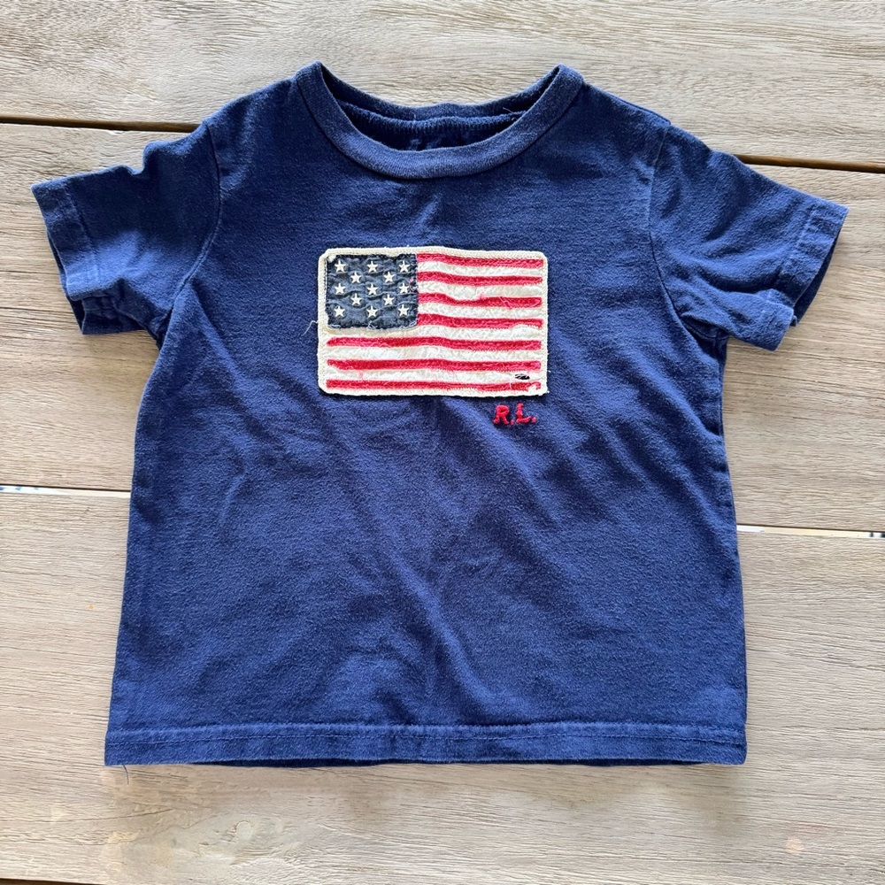 Ralph Lauren Blue Short Sleeve Tee with American Flag Design